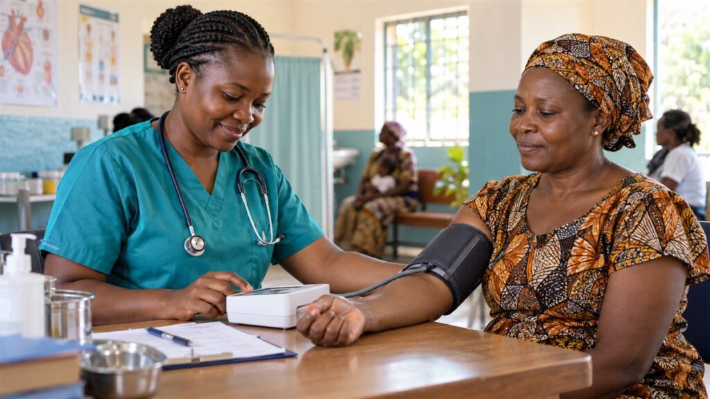 Infirmière africaine mesurant la tension artérielle d’une femme lors d’un dépistage de proximité