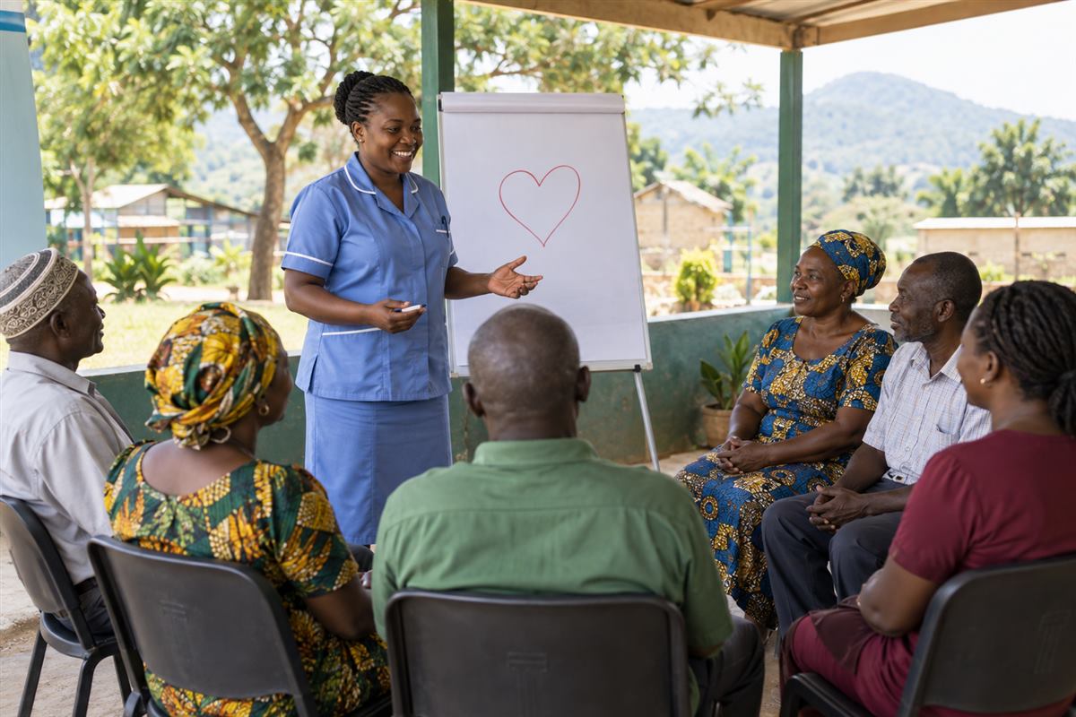 Infirmière animant une séance communautaire de prévention des maladies non transmissibles en Afrique